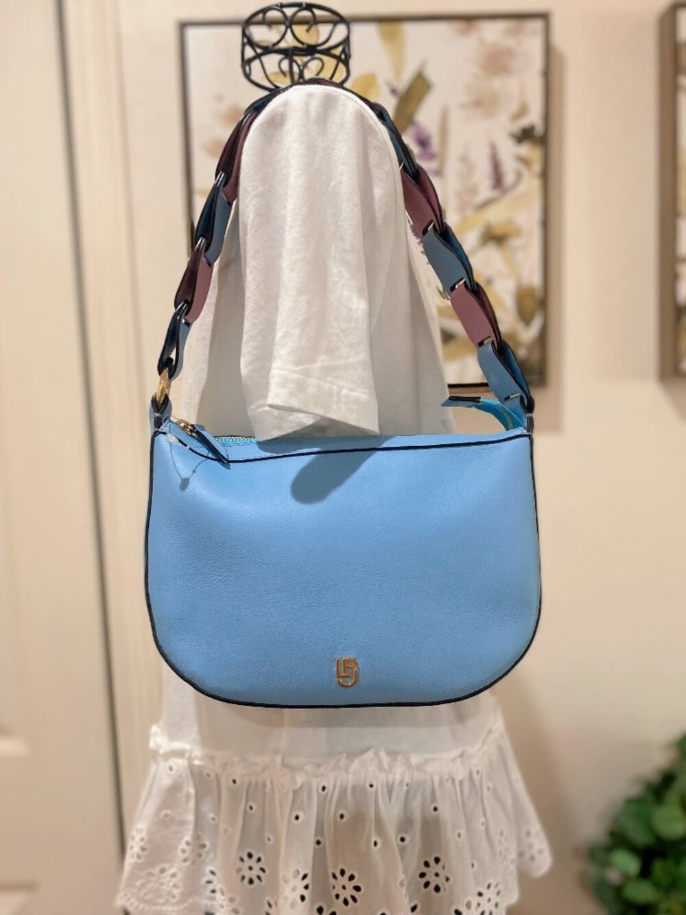 NWOT Les Petit Joueurs Sky Blue Soft Leather Braid Strap Hobo Shoulder Bag Small